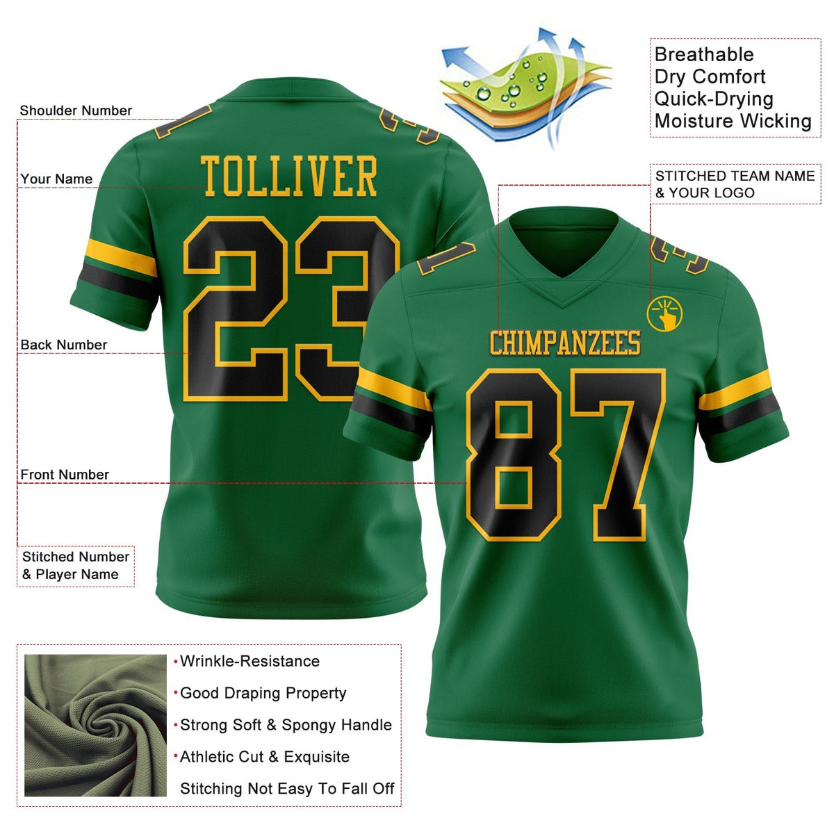 Custom Kelly Green Black-Gold Authentic Football Jersey photo 3