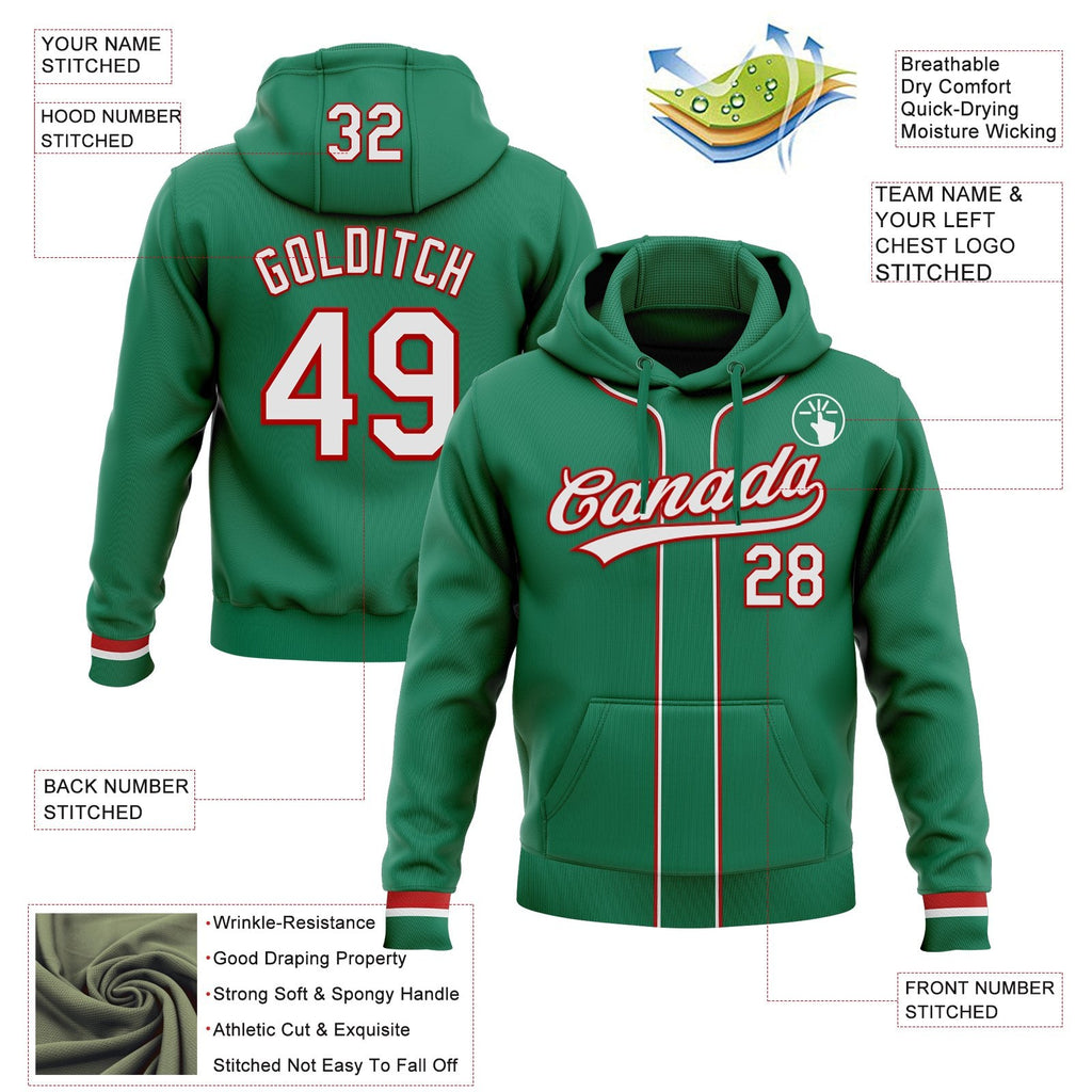 Custom Stitched Kelly Green White-Red Baseball Pullover Sweatshirt Hoodie photo 2