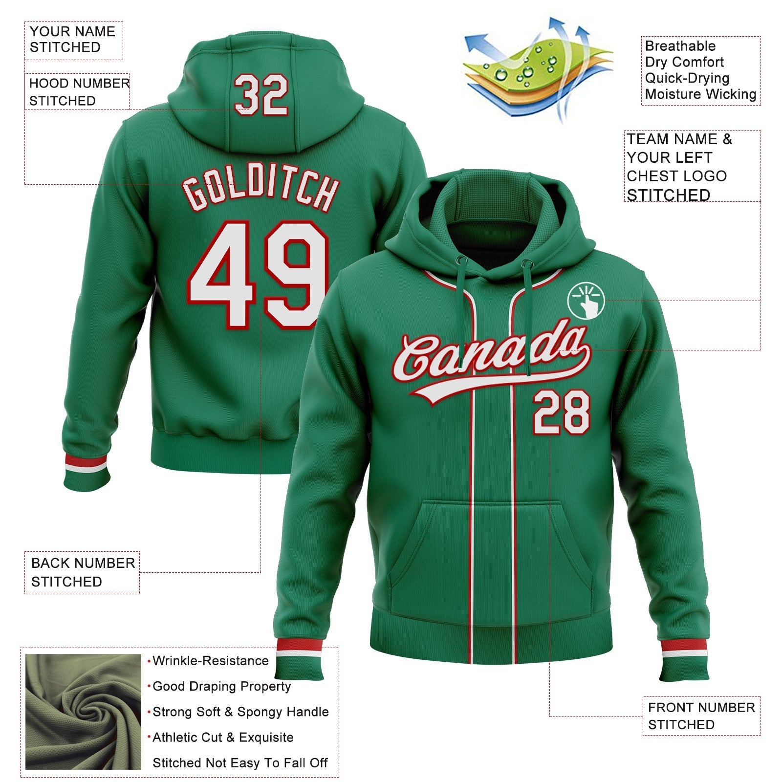 Custom Stitched Kelly Green White-Red Baseball Pullover Sweatshirt Hoodie photo 2