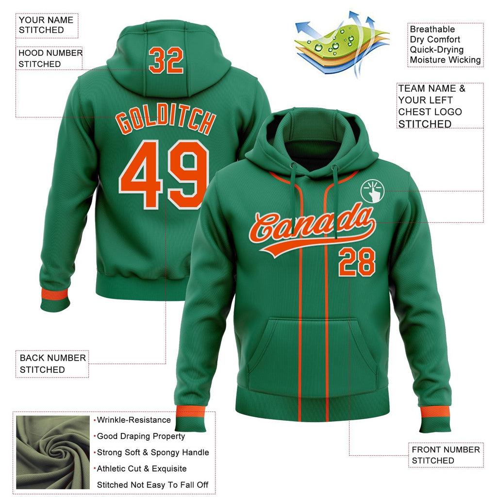 Custom Stitched Kelly Green Orange-White Baseball Pullover Sweatshirt Hoodie photo 2