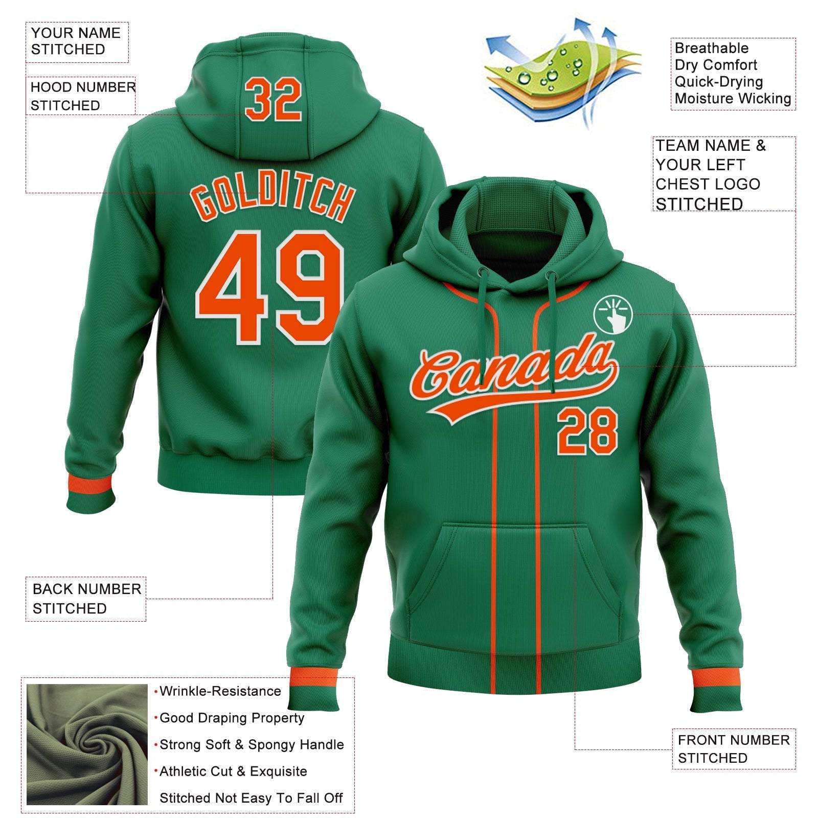 Custom Stitched Kelly Green Orange-White Baseball Pullover Sweatshirt Hoodie photo 2
