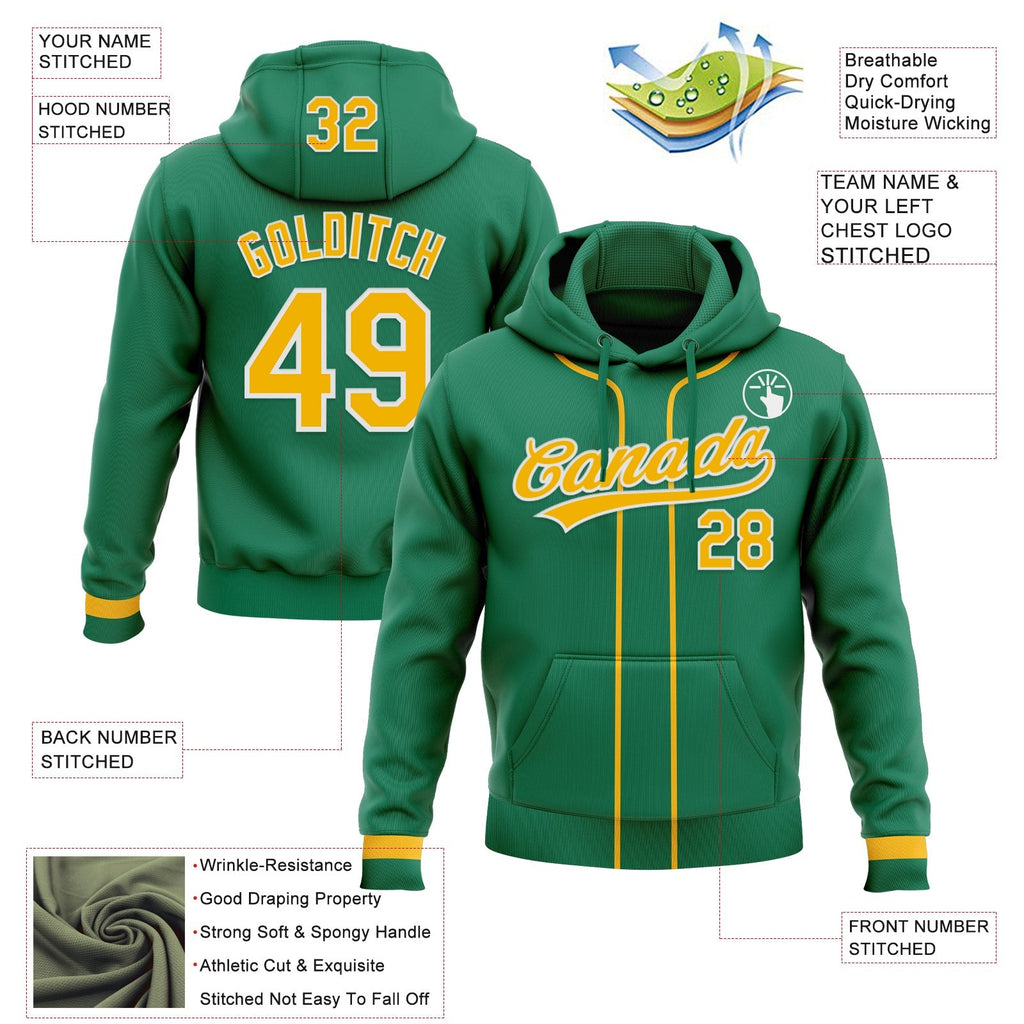 Custom Stitched Kelly Green Gold-White Baseball Pullover Sweatshirt Hoodie photo 2