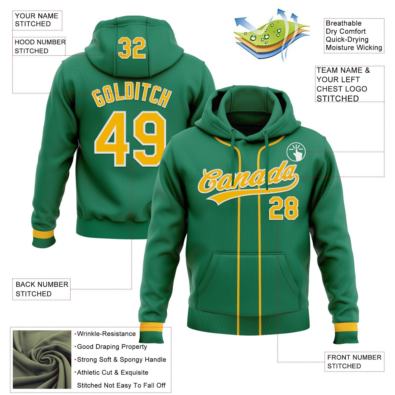 Custom Stitched Kelly Green Gold-White Baseball Pullover Sweatshirt Hoodie photo 2