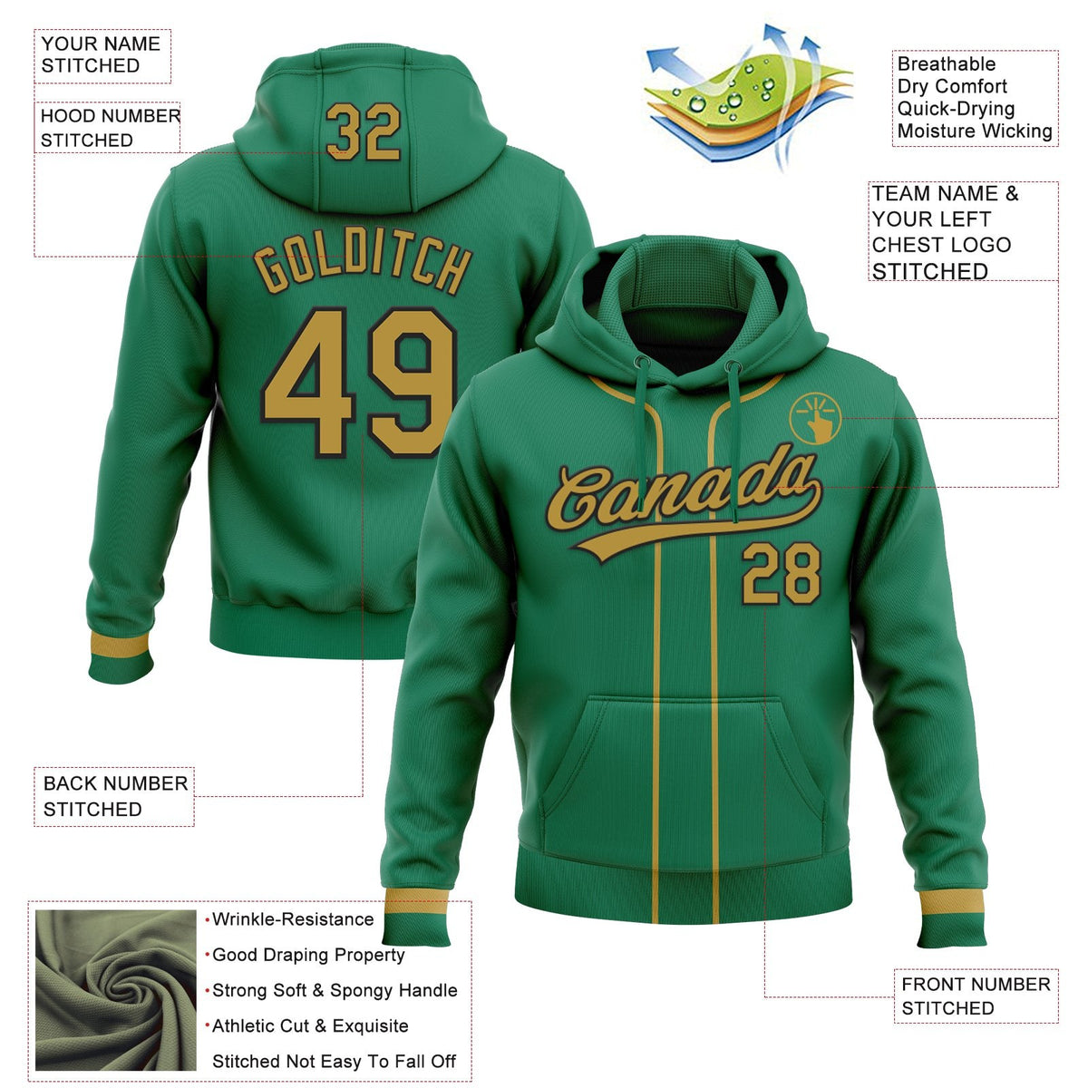Custom Stitched Kelly Green Old Gold-Black Baseball Pullover Sweatshirt Hoodie photo 2