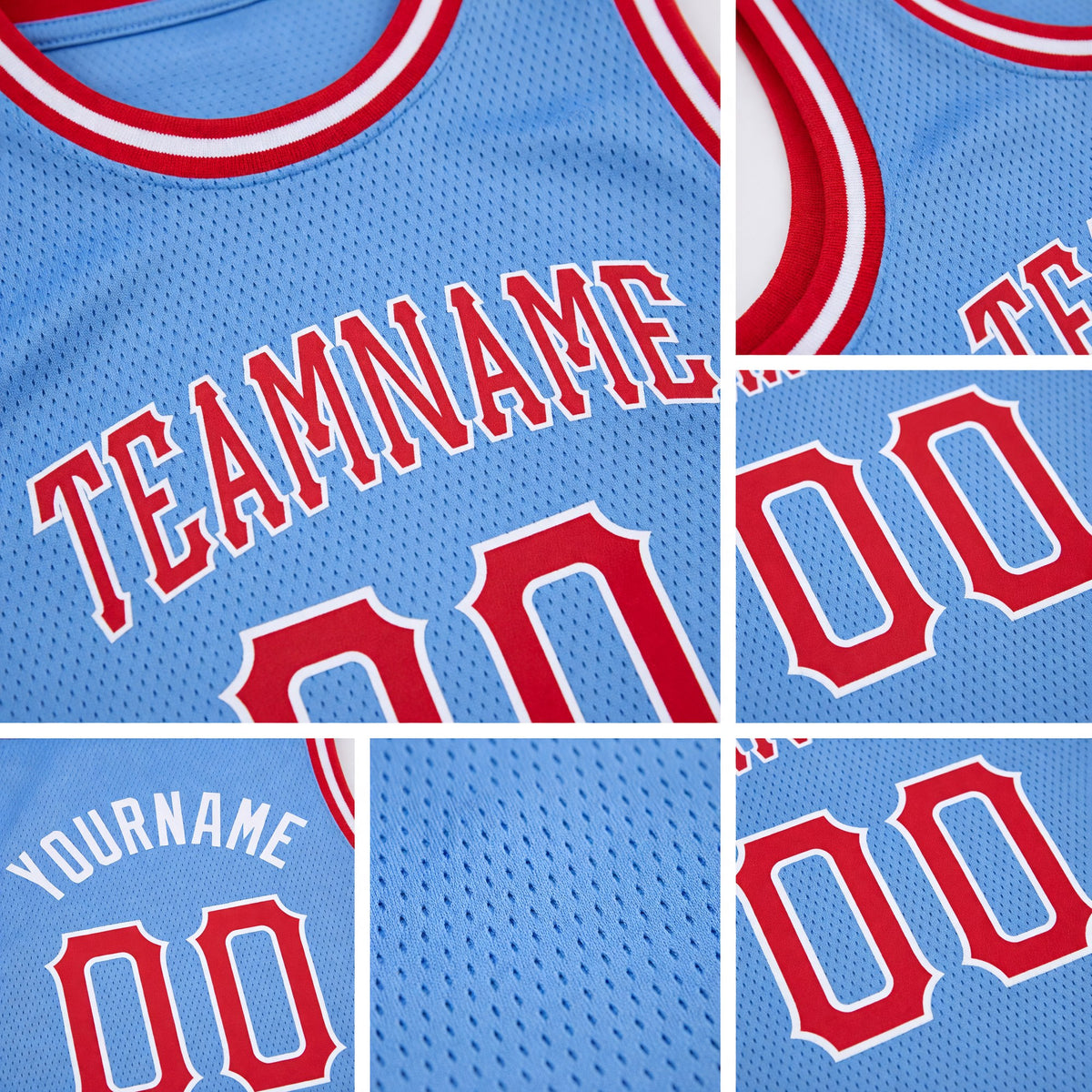 Custom Light Blue Red-White Round Neck Rib-Knit Basketball Jersey detail