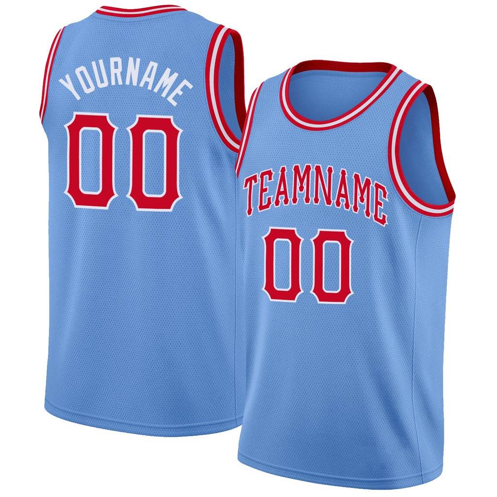 Custom Light Blue Red-White Round Neck Rib-Knit Basketball Jersey photo 1