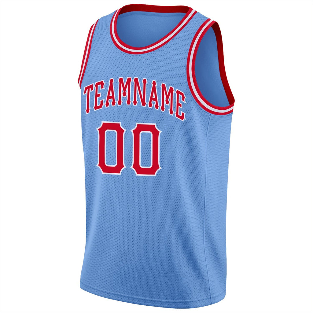 Custom Light Blue Red-White Round Neck Rib-Knit Basketball Jersey photo 4