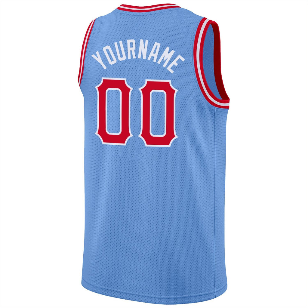 Custom Light Blue Red-White Round Neck Rib-Knit Basketball Jersey photo 5