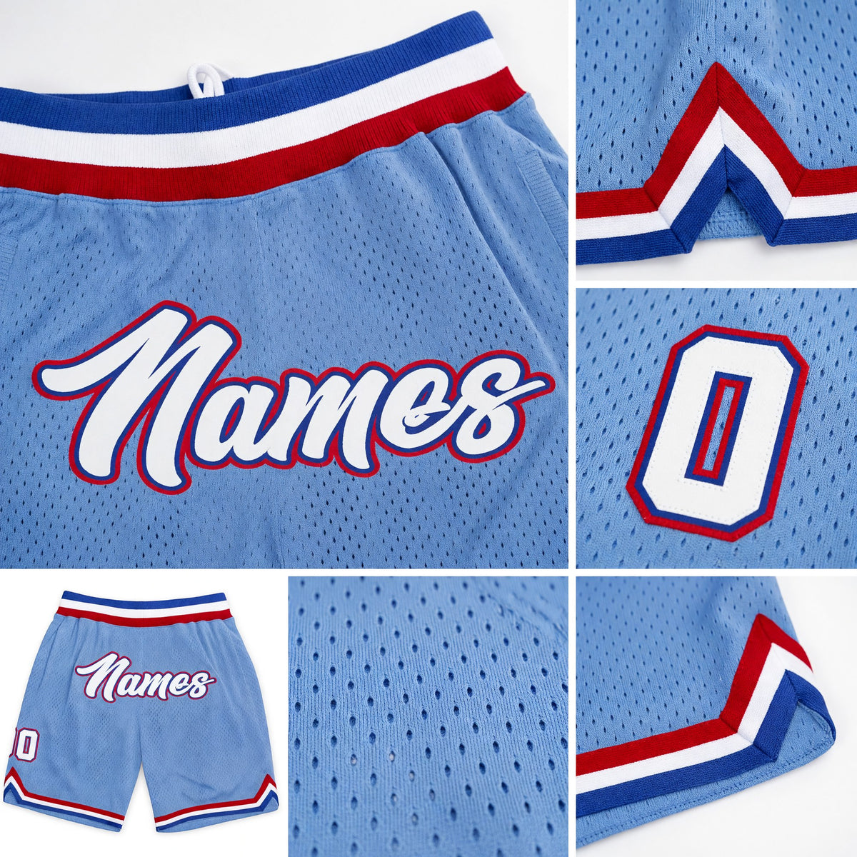 Custom Light Blue White-Royal Authentic Throwback Basketball Shorts detail