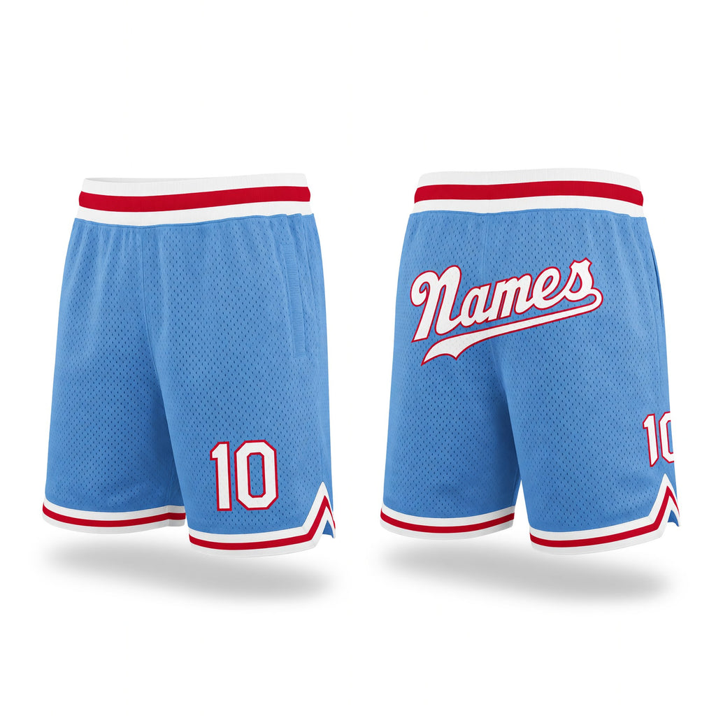 Custom Light Blue White-Red Authentic Throwback Basketball Shorts