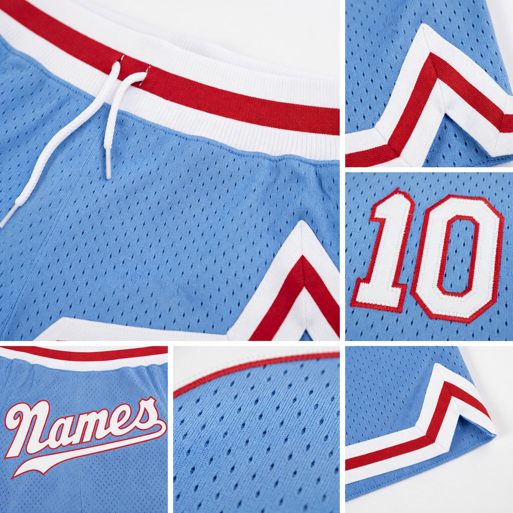 Custom Light Blue White-Red Authentic Throwback Basketball Shorts detail