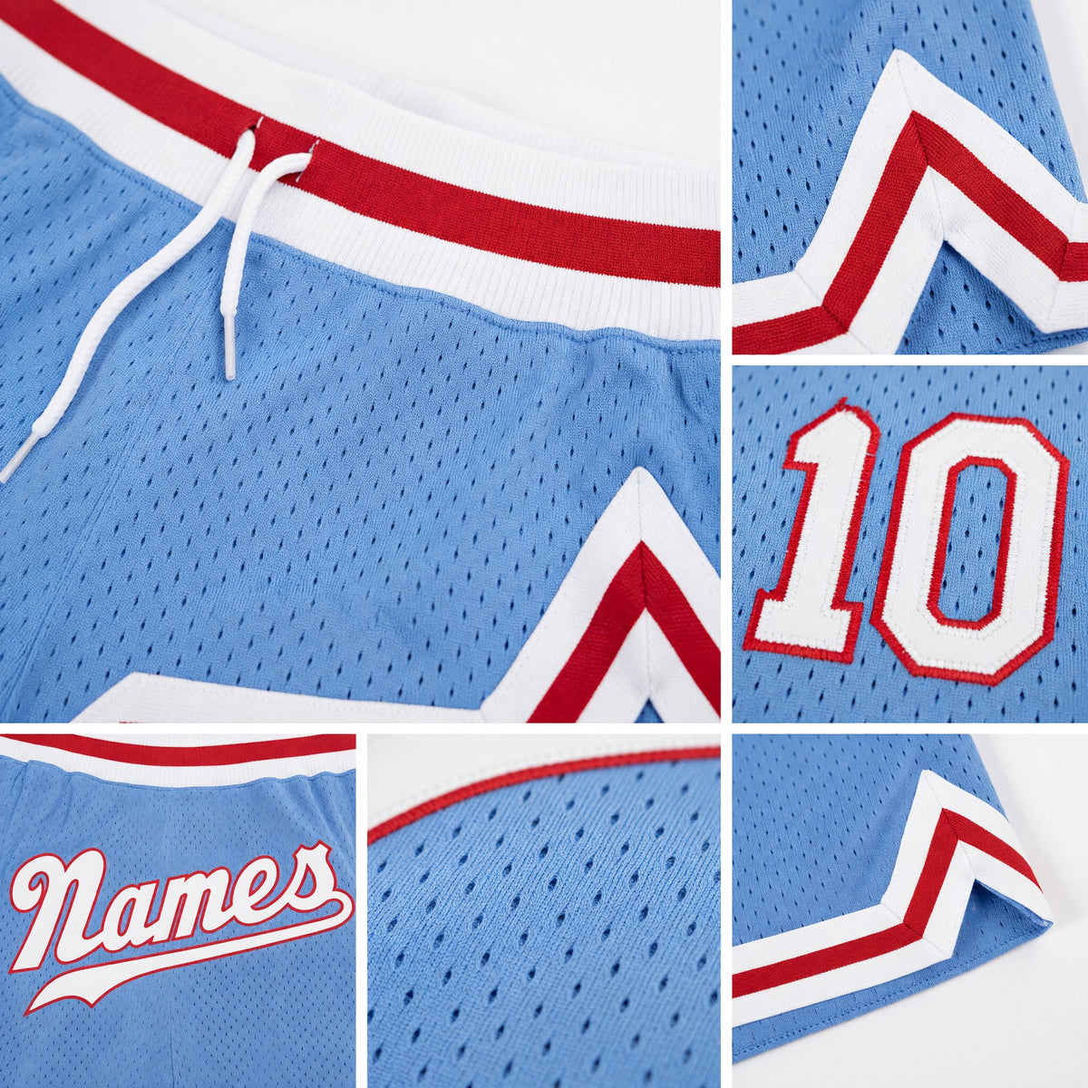 Custom Light Blue White-Red Authentic Throwback Basketball Shorts detail