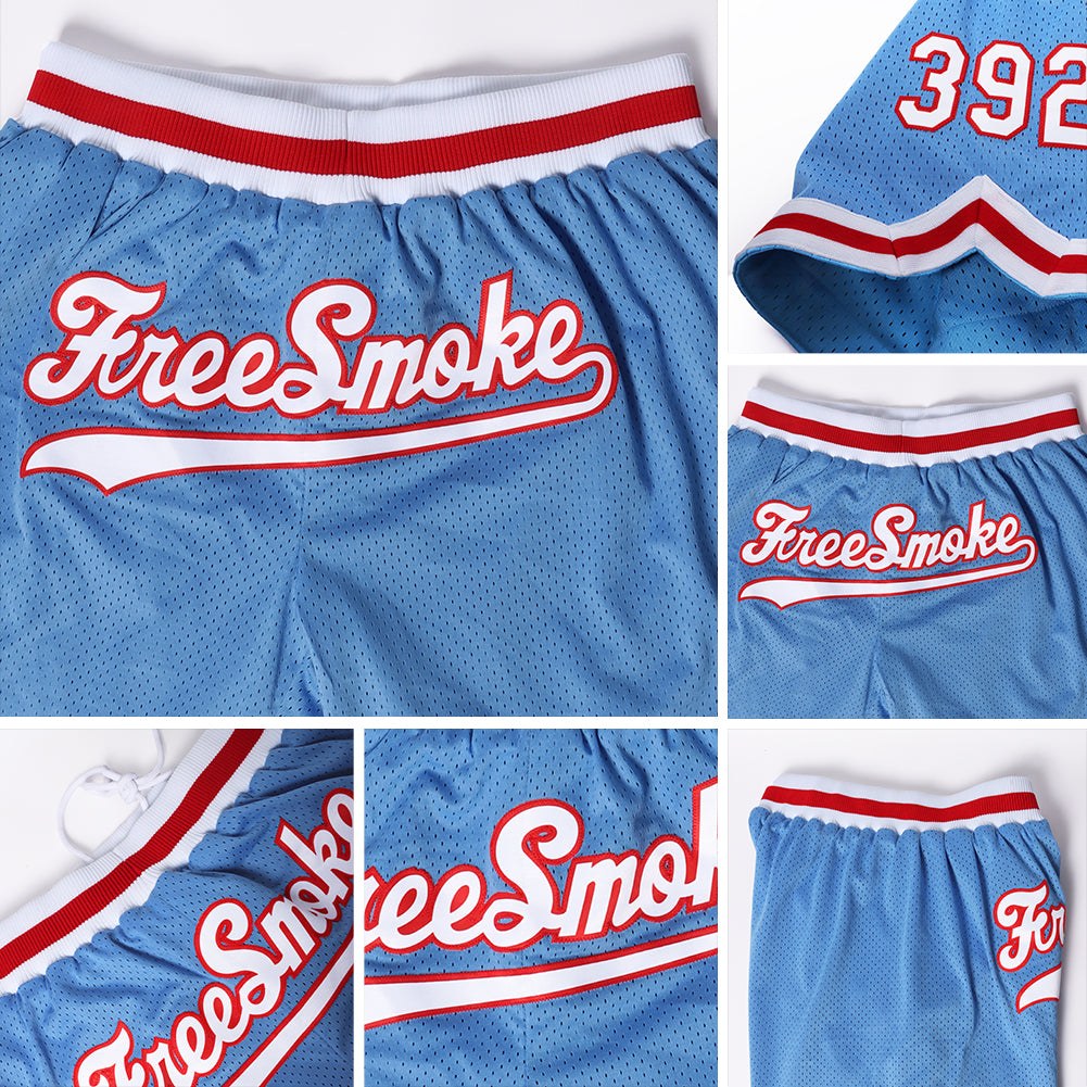 Custom Light Blue White-Red Authentic Throwback Basketball Shorts photo 3