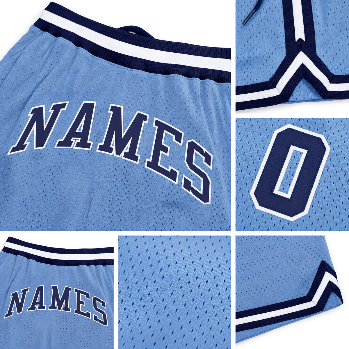 Custom Light Blue Navy-White Authentic Throwback Basketball Shorts detail