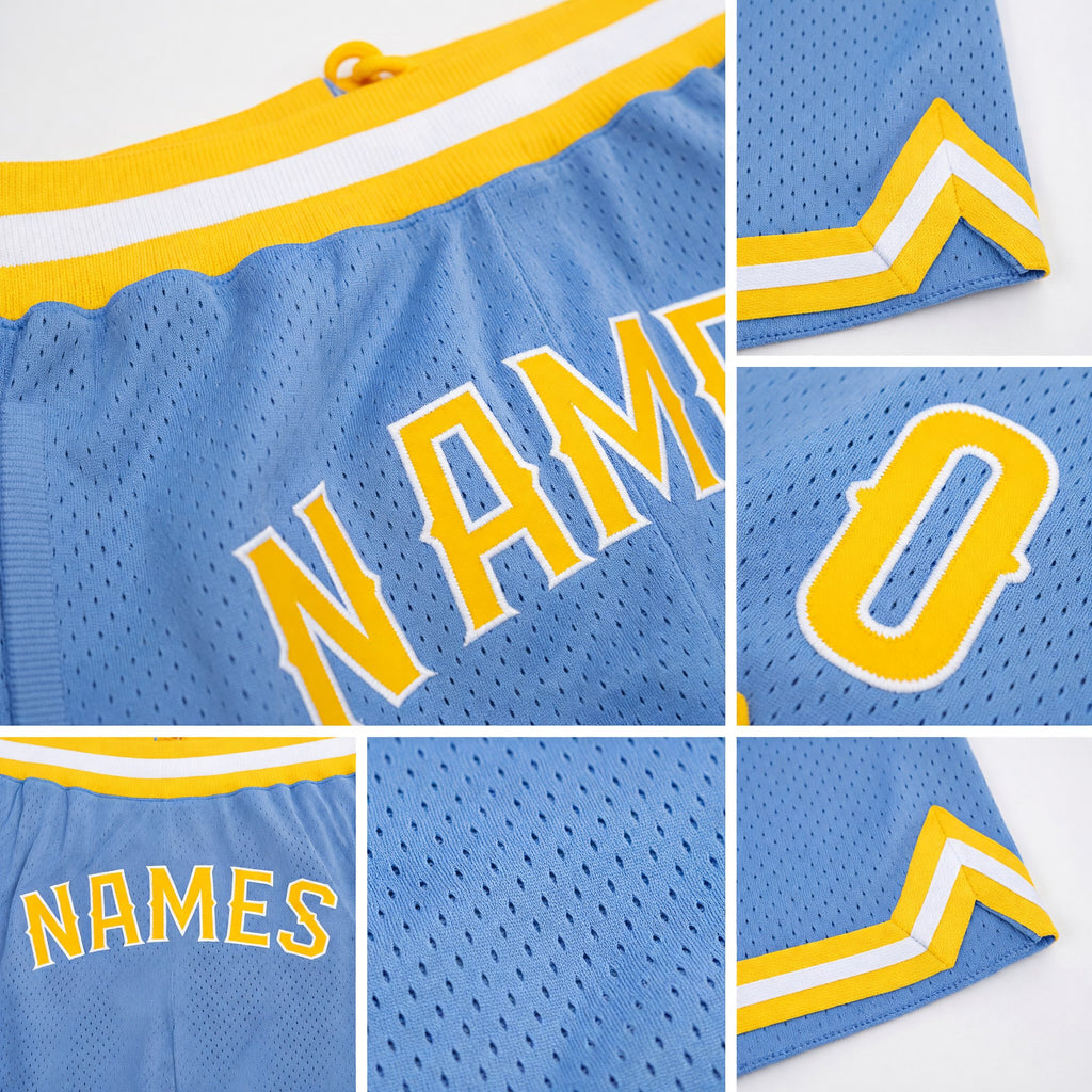 Custom Light Blue Gold-White Authentic Throwback Basketball Shorts detail