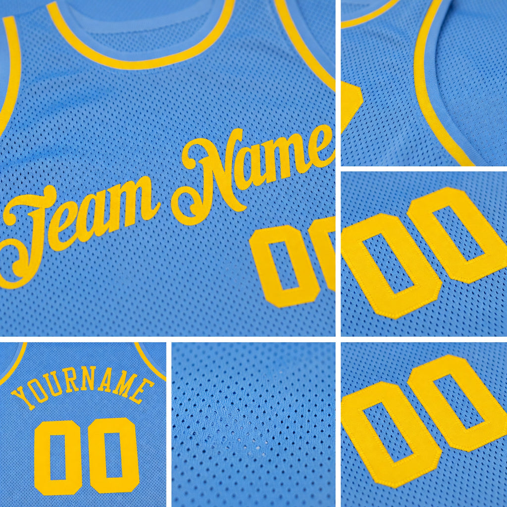 Custom Light Blue Gold Authentic Throwback Basketball Jersey detail
