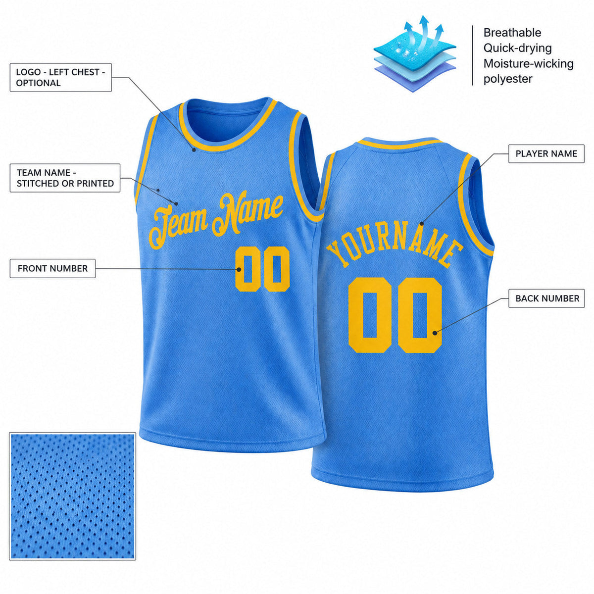 Custom Light Blue Authentic Throwback Basketball Jersey with Gold Lettering customization guide