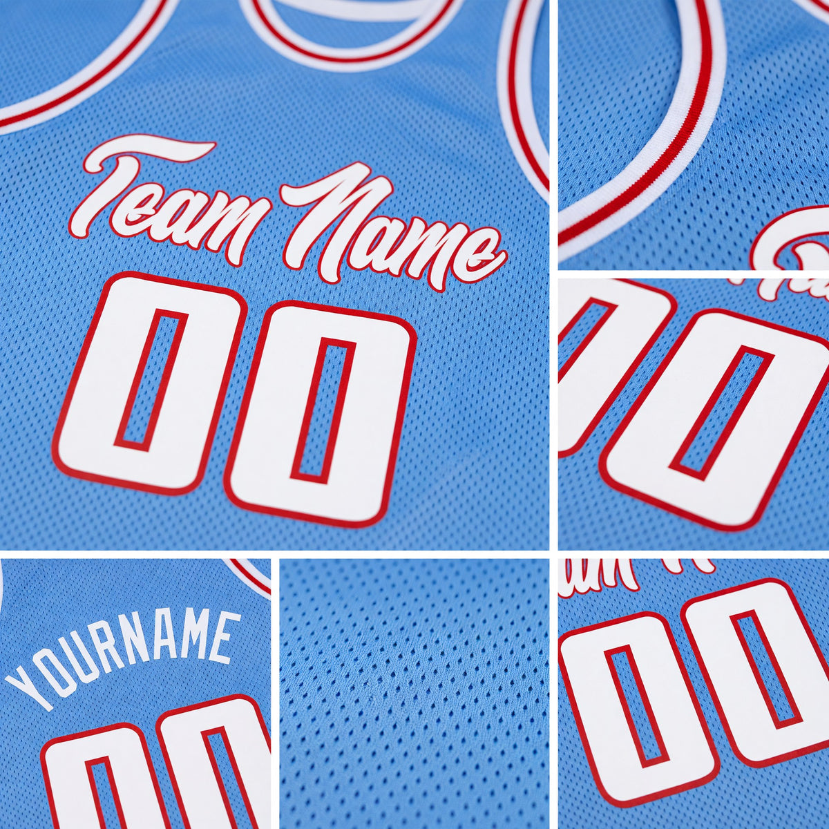 Custom Light Blue White-Red Authentic Throwback Basketball Jersey detail