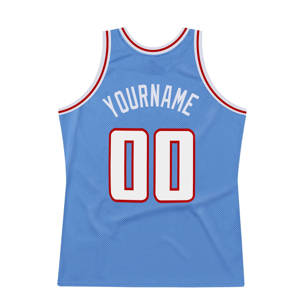 Custom Light Blue White-Red Authentic Throwback Basketball Jersey photo 5