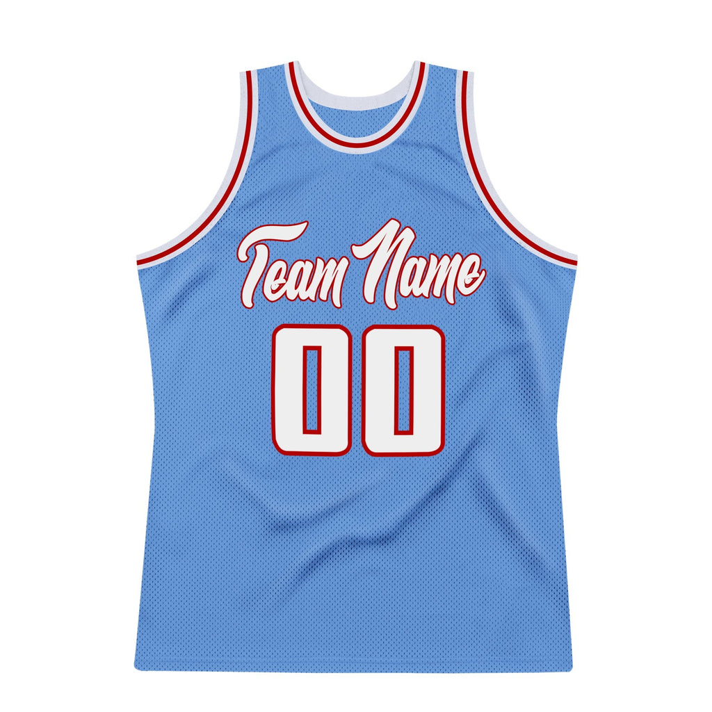 Custom Light Blue White-Red Authentic Throwback Basketball Jersey photo 6