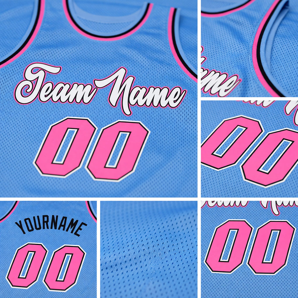 Custom Light Blue Pink-Black Authentic Throwback Basketball Jersey detail