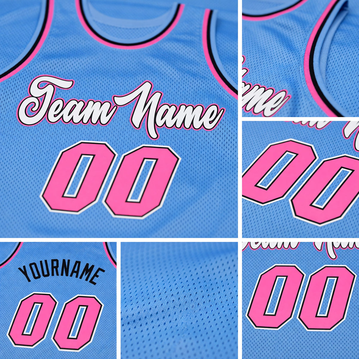 Custom Light Blue Pink-Black Authentic Throwback Basketball Jersey detail