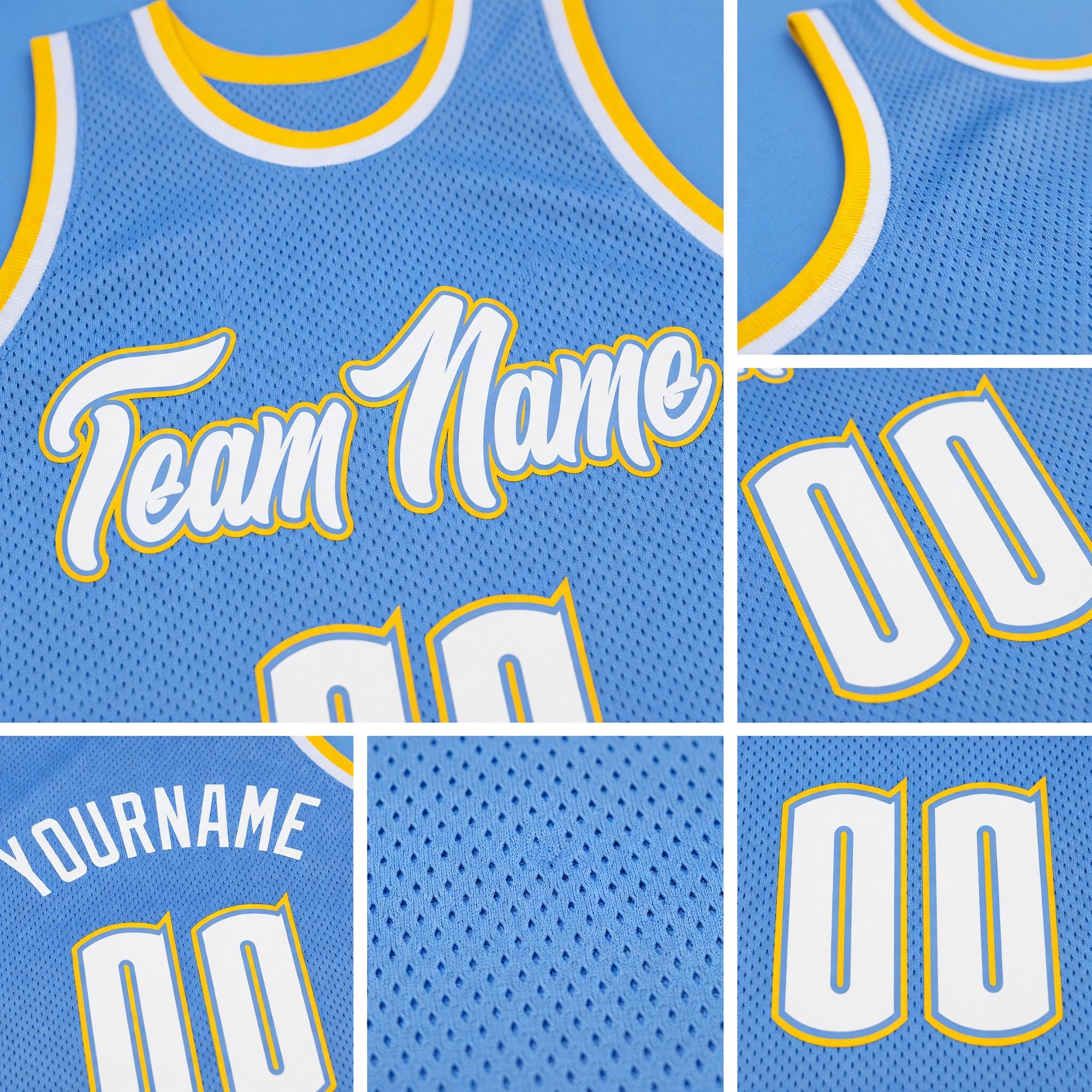 Custom Light Blue White-Gold Authentic Throwback Basketball Jersey detail
