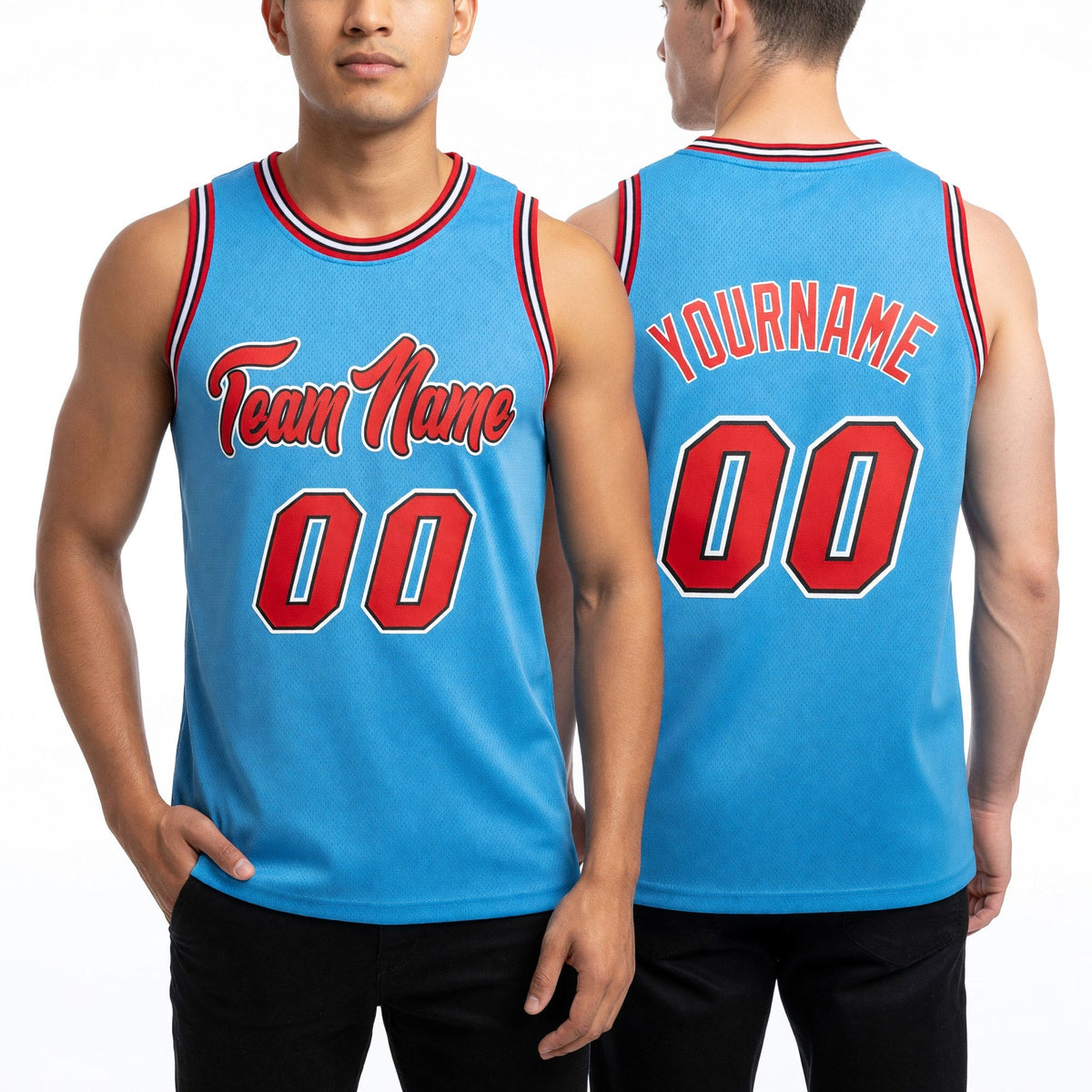 Custom Light Blue Red-Black Authentic Throwback Basketball Jersey worn front and back