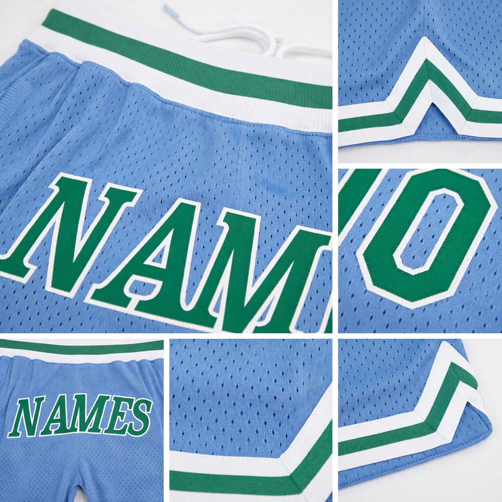 Custom Light Blue Kelly Green-White Authentic Throwback Basketball Shorts detail