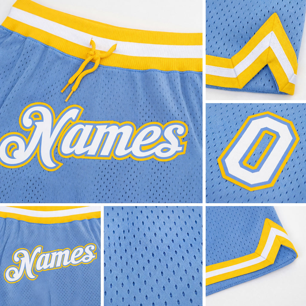 Custom Light Blue White-Gold Authentic Throwback Basketball Shorts detail