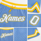 Custom Light Blue White-Gold Authentic Throwback Basketball Shorts detail