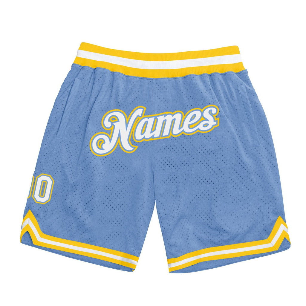 Custom Light Blue White-Gold Authentic Throwback Basketball Shorts photo 1