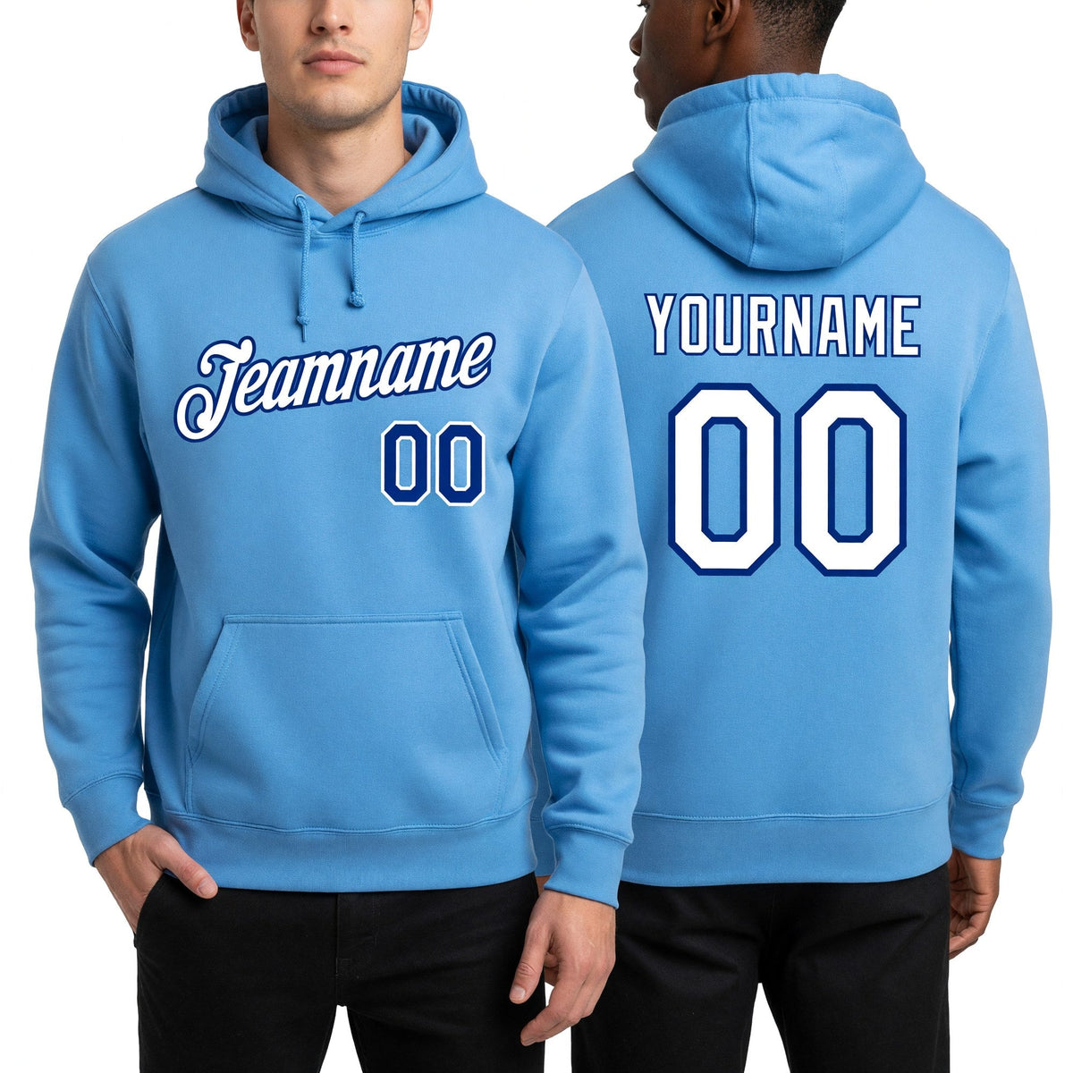 Custom Stitched Light Blue White-Royal Sports Pullover Sweatshirt Hoodie worn front and back
