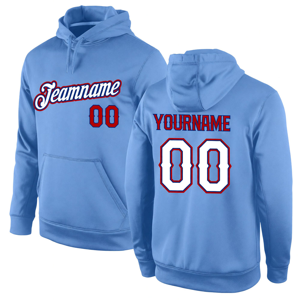 Custom Stitched Light Blue White-Red Sports Pullover Sweatshirt Hoodie