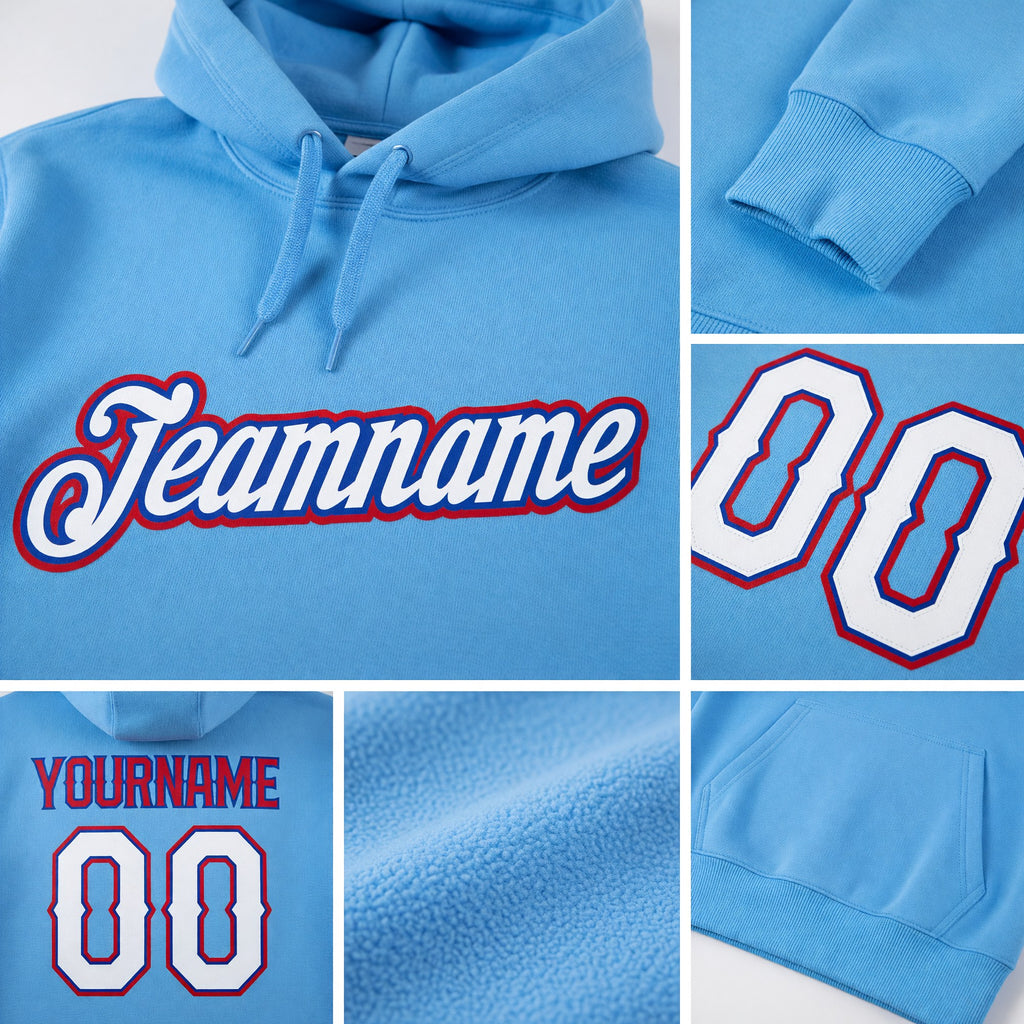 Custom Stitched Light Blue White-Red Sports Pullover Sweatshirt Hoodie detail