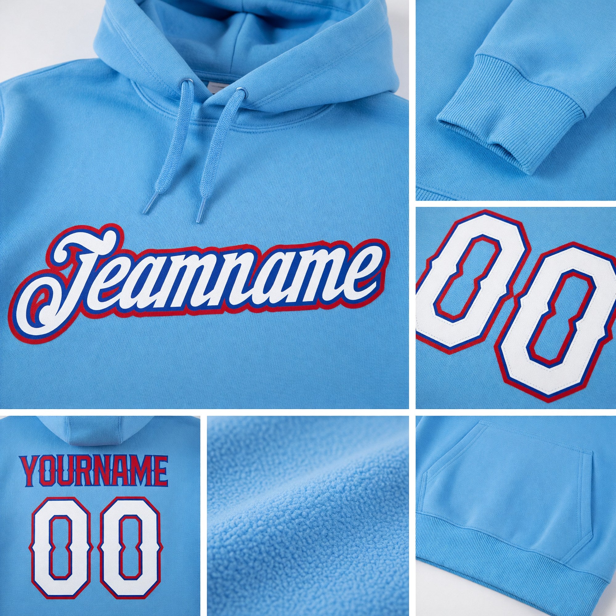 Custom Stitched Light Blue White-Red Sports Pullover Sweatshirt Hoodie detail