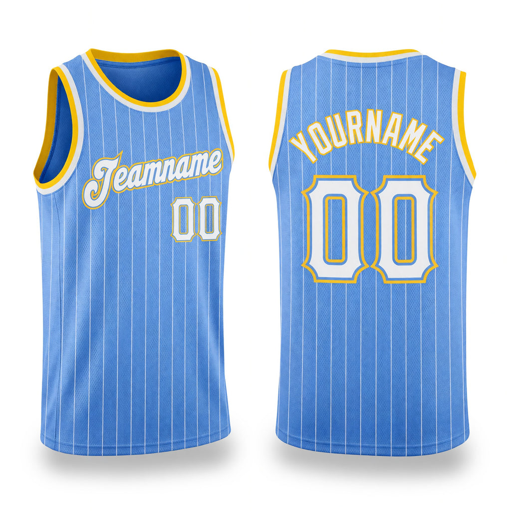 Custom Light Blue White Pinstripe White-Gold Authentic Basketball Jersey