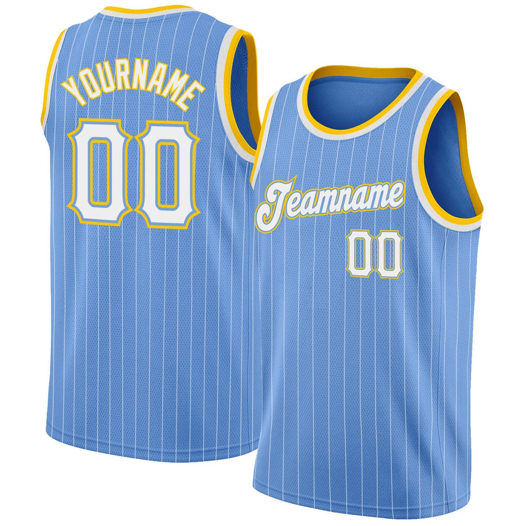 Custom Light Blue White Pinstripe White-Gold Authentic Basketball Jersey photo 1