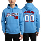 Custom Stitched Light Blue White-Red Sports Pullover Sweatshirt Hoodie worn front and back