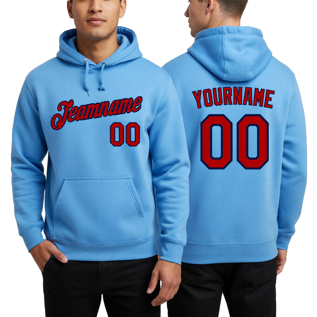 Custom Stitched Light Blue Red-Navy Sports Pullover Sweatshirt Hoodie worn front and back