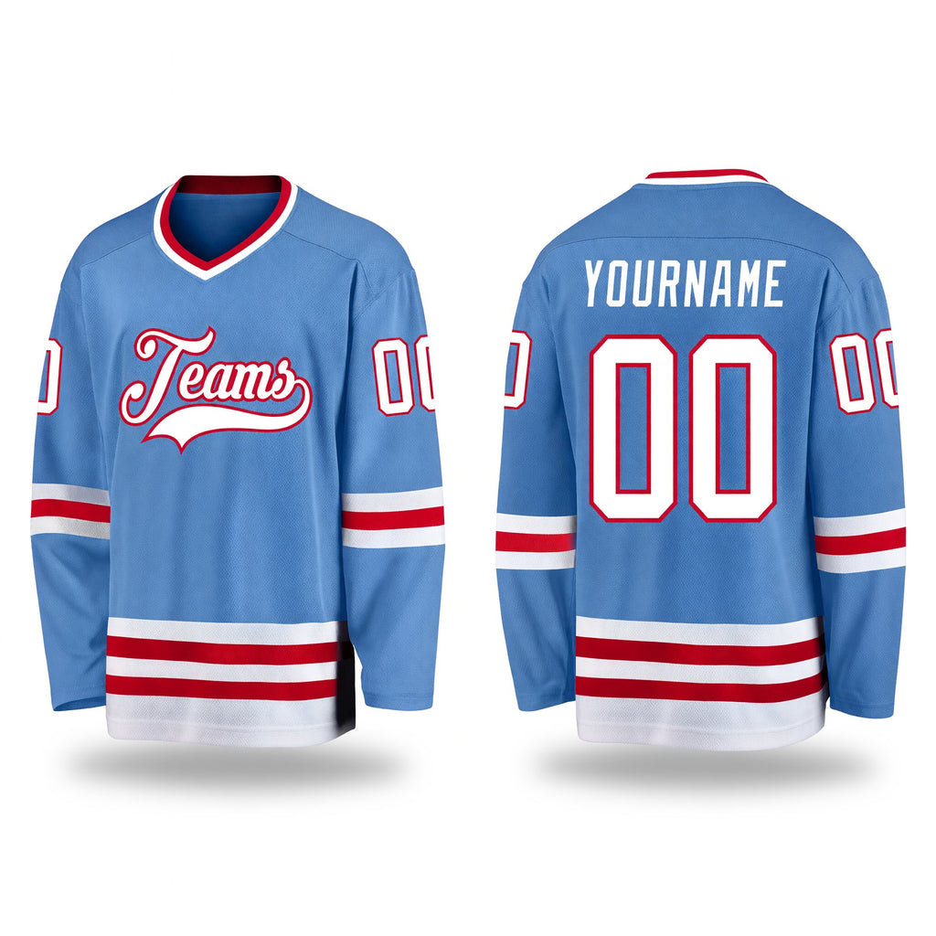 Custom Light Blue White-Red Hockey Jersey