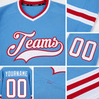Custom Light Blue White-Red Hockey Jersey detail