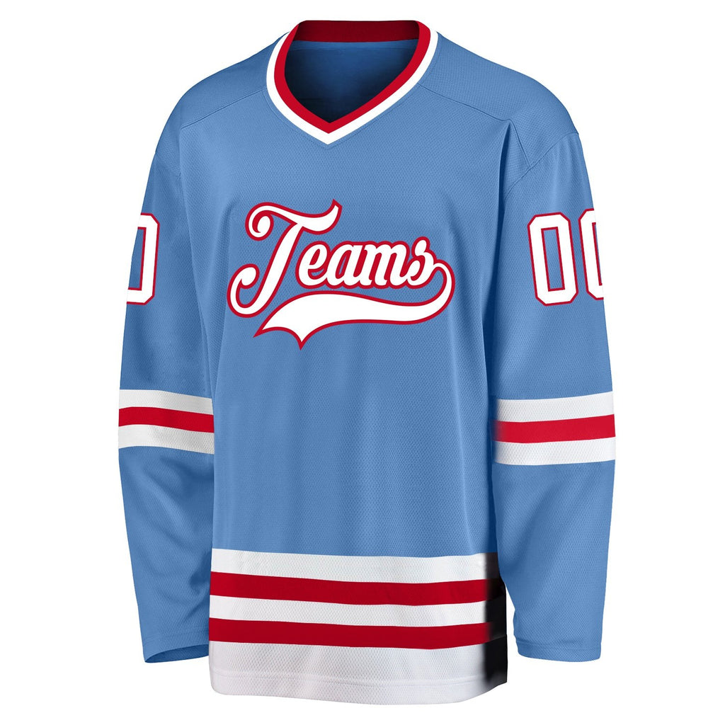 Custom Light Blue White-Red Hockey Jersey photo 2