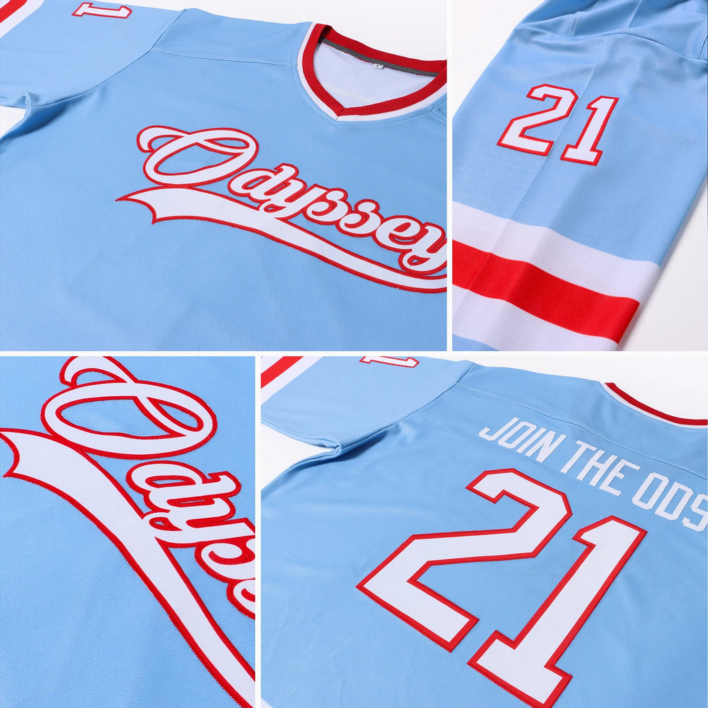 Custom Light Blue White-Red Hockey Jersey photo 6