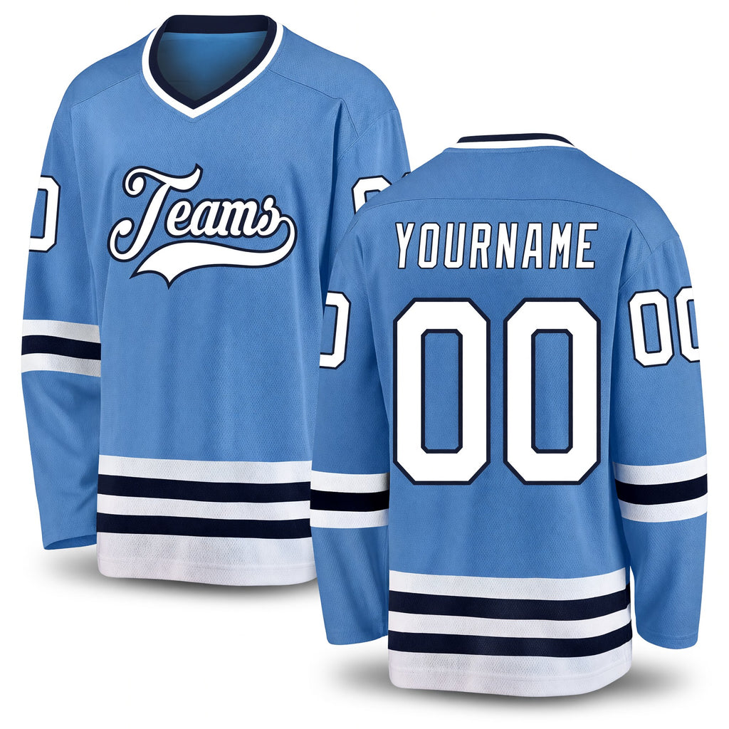 Custom Light Blue White-Navy Hockey Jersey