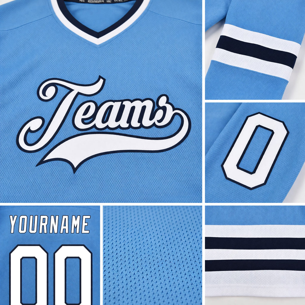 Custom Light Blue White-Navy Hockey Jersey detail
