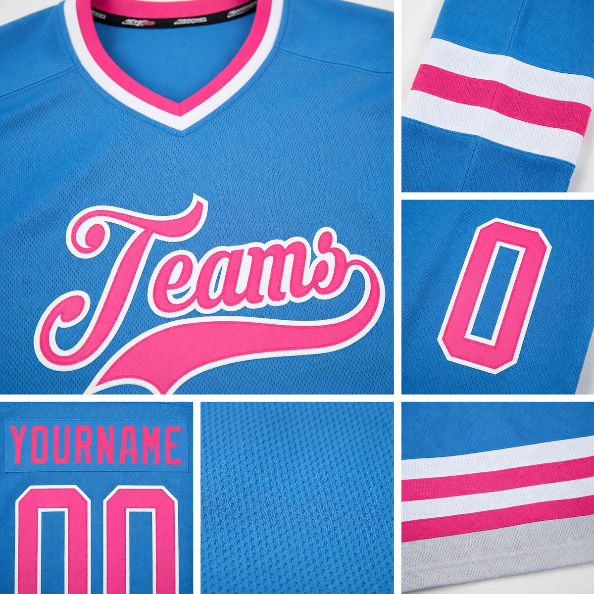 Custom Light Blue Pink-White Hockey Jersey detail
