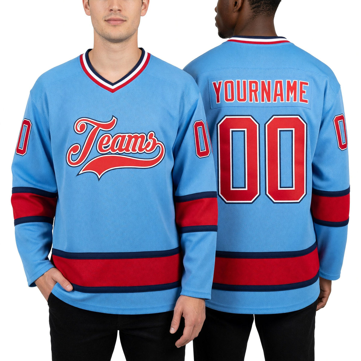 Custom Light Blue Red-Navy Hockey Jersey worn front and back