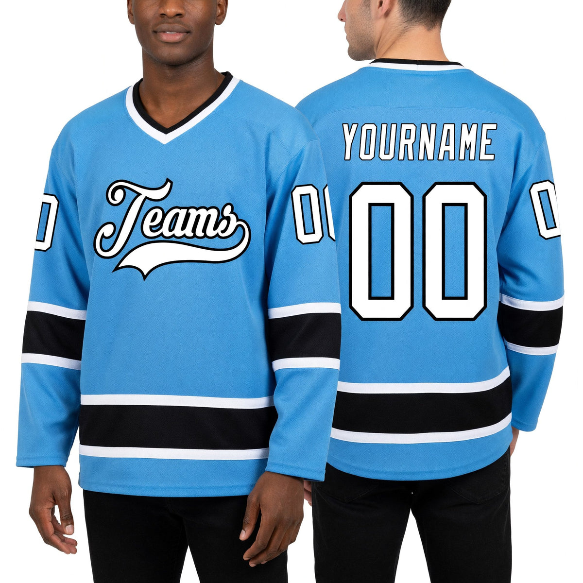 Custom Light Blue White-Black Hockey Jersey worn front and back