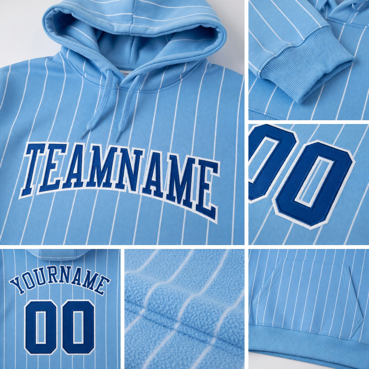 Custom Stitched Light Blue White Pinstripe Royal-White Sports Pullover Sweatshirt Hoodie detail